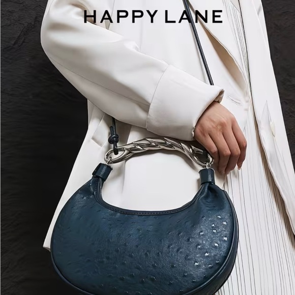 NIP Royal Blue Hobo Bag Chunky Chain Handle Ostrich Embossed Happy Lane - Picture 10 of 11